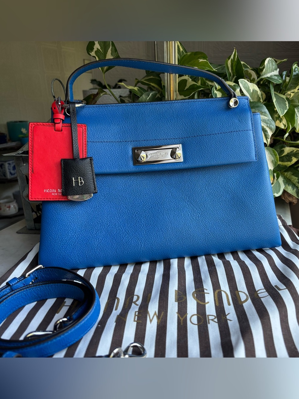 henri bendel Blue Leather Top-Handle Satchel with Red Tag